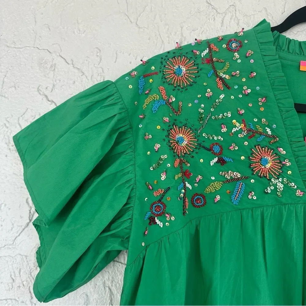VILAGALLO Dress Women Size 40/8 Eliza Green Boho Beaded‎ Tunic Peasant